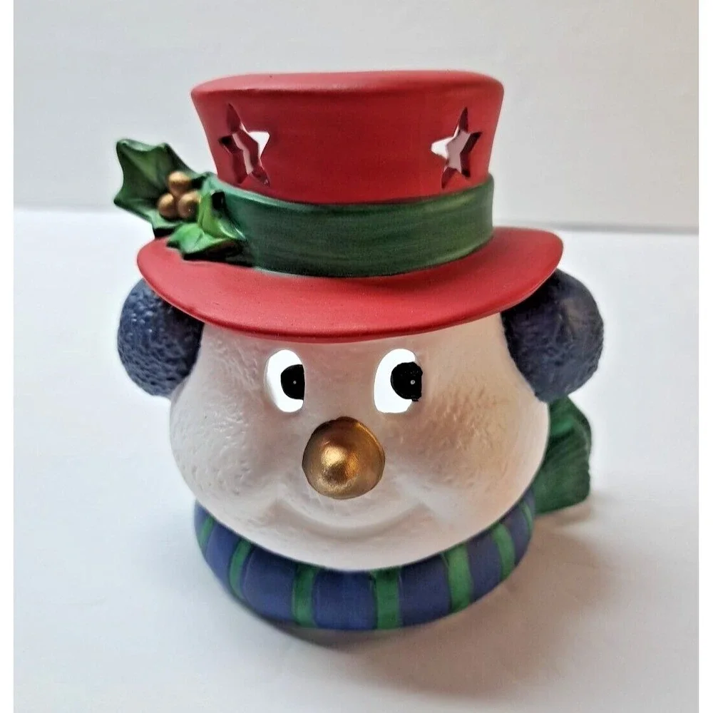 Snowman Head Tea Light Candle Holders Set of 2 w/Snowman Night Light Seasonal
